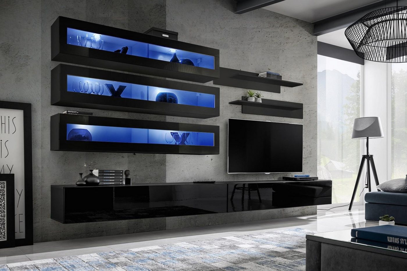 JVmoebel Wohnwand Moderne Wohnwand mit Regal, TV-Ständer und Wandschrank für Wohnzimmer, (8-St., 1x Wohnwand + 2x TV Ständer + 3x Wandschrank + 2x Wandregal), Made in Europa von JVmoebel