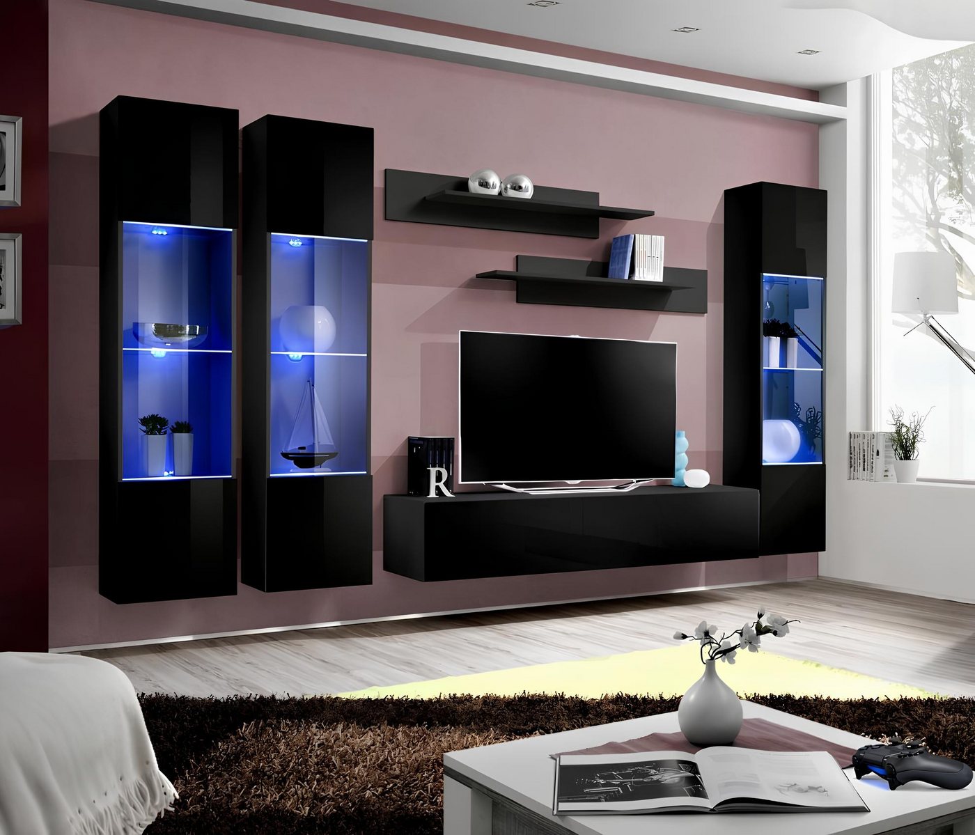 JVmoebel Wohnzimmer-Set Moderne Wohnzimmer-Garnitur mit Lowboard und Hängevitrine, (7-St., 1x Wohnwand + 1x TV Ständer + 3x Hänge Vitrine + 2x Wandregale), Made in Europa von JVmoebel