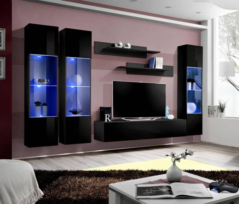 JVmoebel Wohnzimmer-Set Moderne Wohnzimmer-Garnitur mit Lowboard und Hängevitrine, (7-St., 1x Wohnwand + 1x TV Ständer + 3x Hänge Vitrine + 2x Wandregale), Made in Europa von JVmoebel