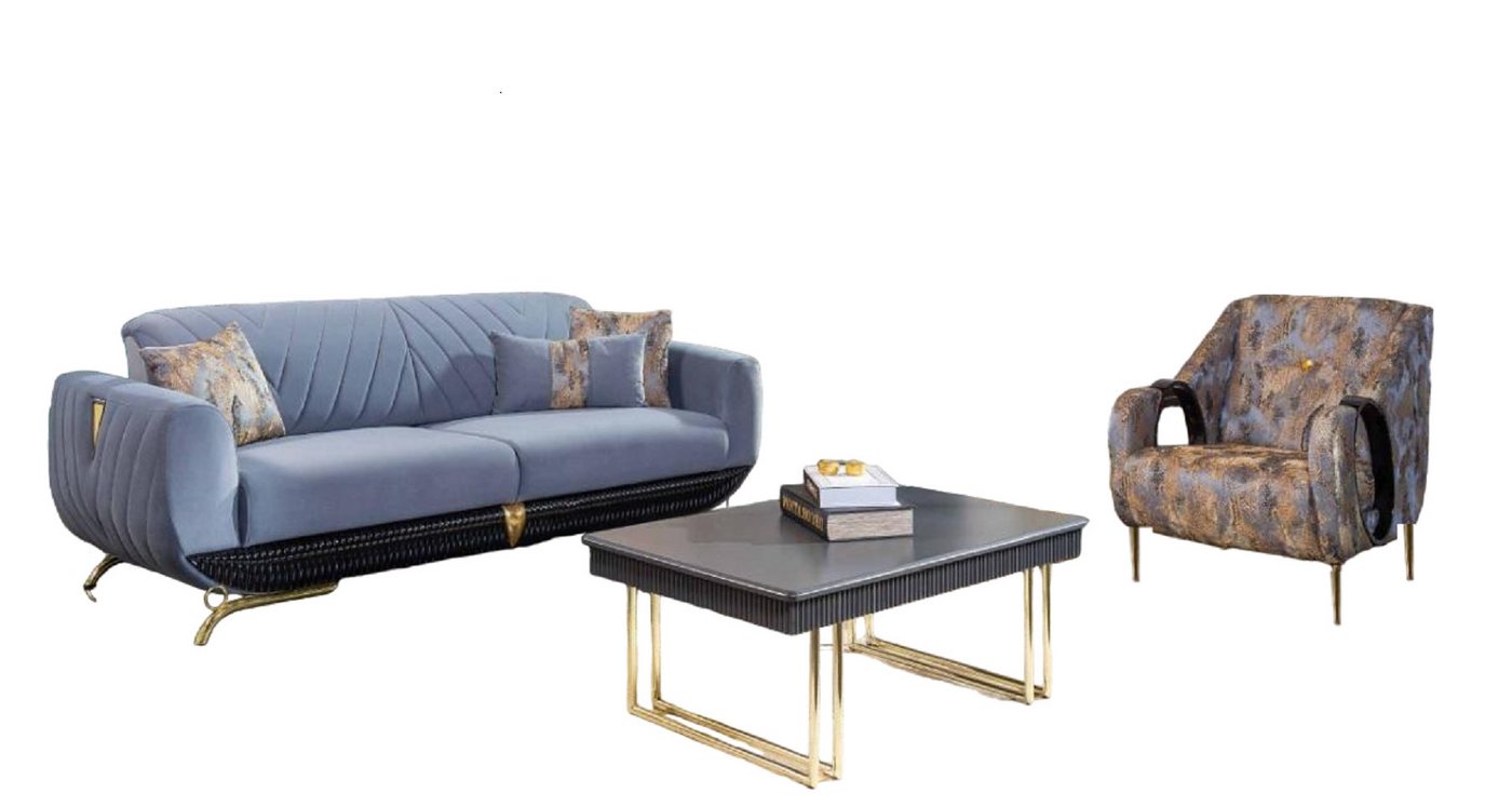 JVmoebel Wohnzimmer-Set Moderne Wohnzimmer Möbel Designer Blauer Dreisitzer Sessel 4tlg, (4-St., Sofa 3 Sitzer + Sessel + Couchtisch + Beistelltisch), Made in Europa von JVmoebel