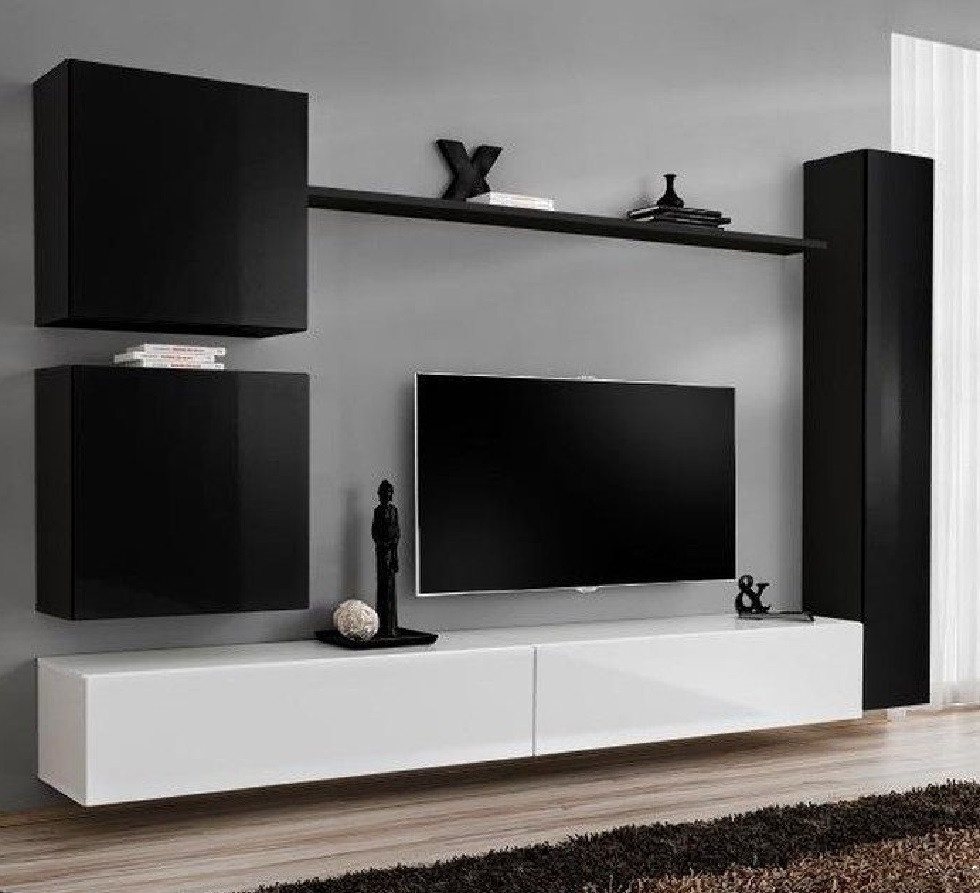JVmoebel Wohnwand Moderne schwarze Wohnwand aus Holz für TV und Einrichtung, (7-St., 1x Wohnwand + 2x TV Ständer + 3x Wandschrank + 1x Wandregal), Made in Europa von JVmoebel