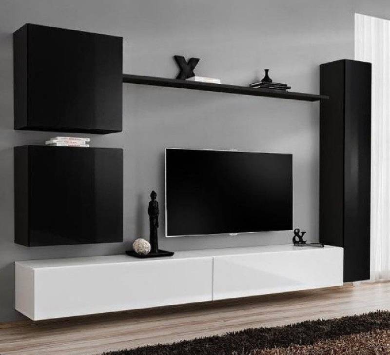 JVmoebel Wohnwand Moderne schwarze Wohnwand aus Holz für TV und Einrichtung, (7-St., 1x Wohnwand + 2x TV Ständer + 3x Wandschrank + 1x Wandregal), Made in Europa von JVmoebel