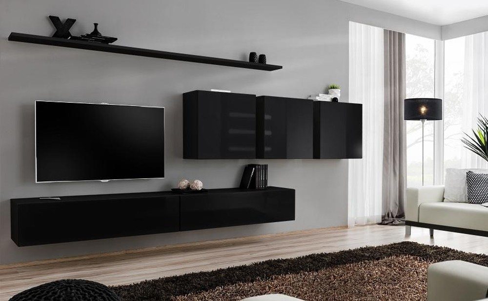 JVmoebel Wohnwand Moderne schwarze Wohnwand im Design-Stil für das Wohnzimmer, (8-St., 1x Wohnwand + 2x TV Ständer + 3x Wandschrank + 2x Wandregal), Made in Europa von JVmoebel
