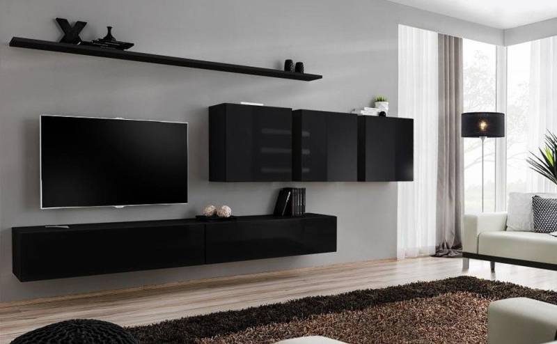 JVmoebel Wohnwand Moderne schwarze Wohnwand im Design-Stil für das Wohnzimmer, (8-St., 1x Wohnwand + 2x TV Ständer + 3x Wandschrank + 2x Wandregal), Made in Europa von JVmoebel