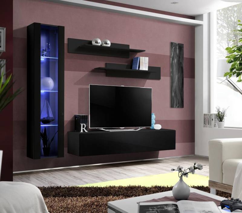 JVmoebel Wohnzimmer-Set Moderne schwarze Wohnzimmermöbel: Designer Set mit Vitrine, (5-St., 1x Wohnwand + 1x TV Ständer + 1x Hänge Vitrine + 2x Wandregale), Made in Europa von JVmoebel