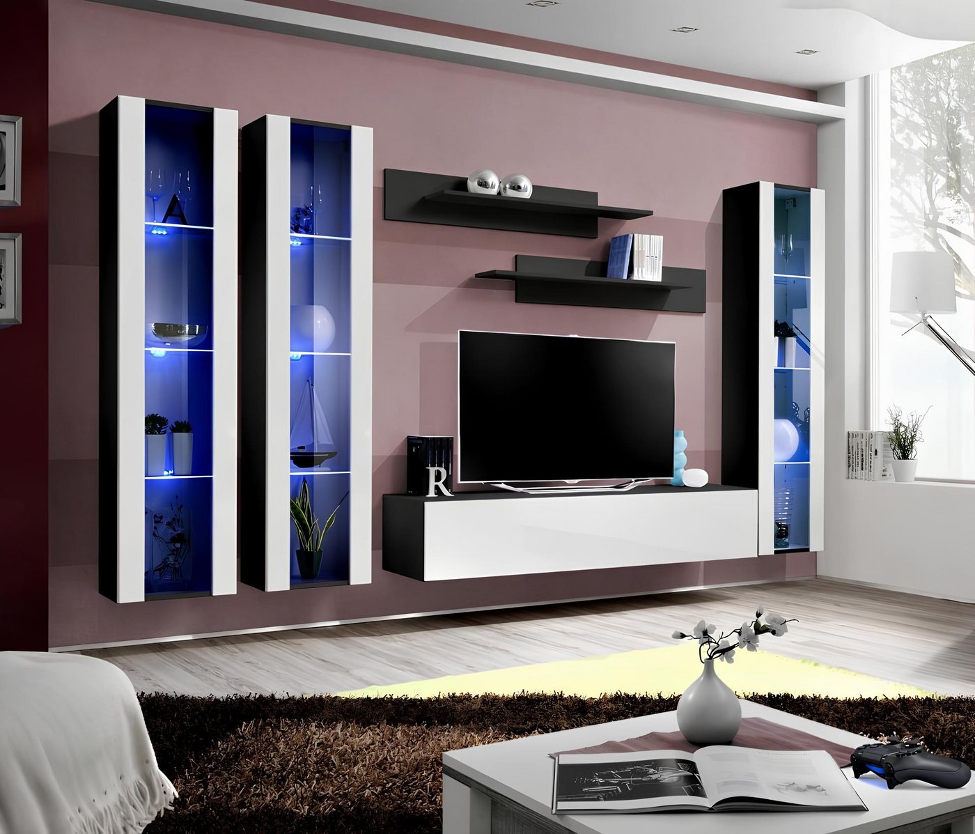 JVmoebel Wohnzimmer-Set Moderner Luxus Wohnzimmerschrank mit Hängevitrine Designer Stil, (7-St), Made in Europa von JVmoebel