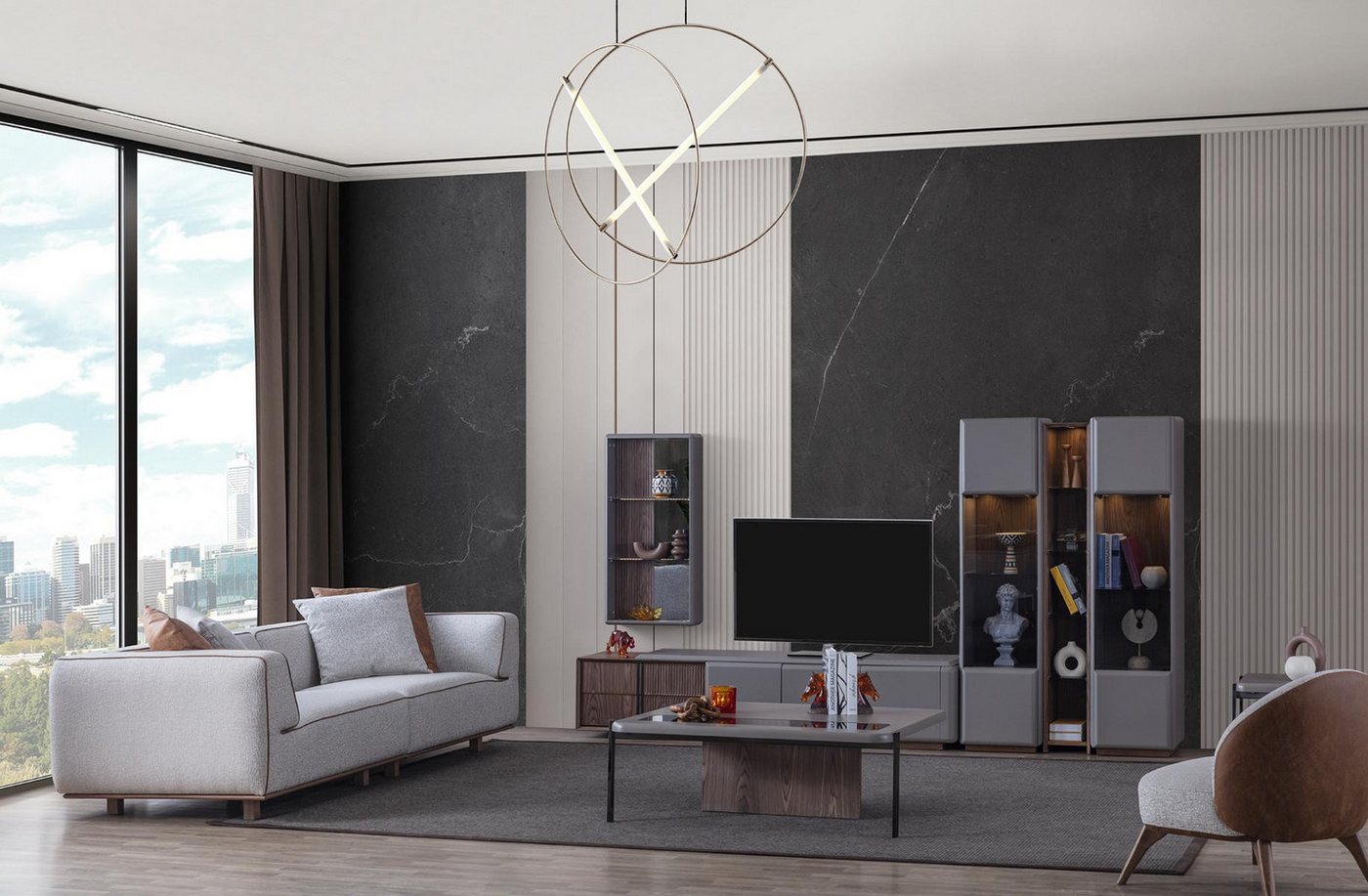 JVmoebel Wohnzimmer-Set Modernes 7-teiliges Wohnzimmer Set mit Wandschrank, (7-St., 1xSofa+1xSessel+1xTV-Schrank+2xVitrine+1xWandregal+1xCouchtisch), Made in Europa von JVmoebel