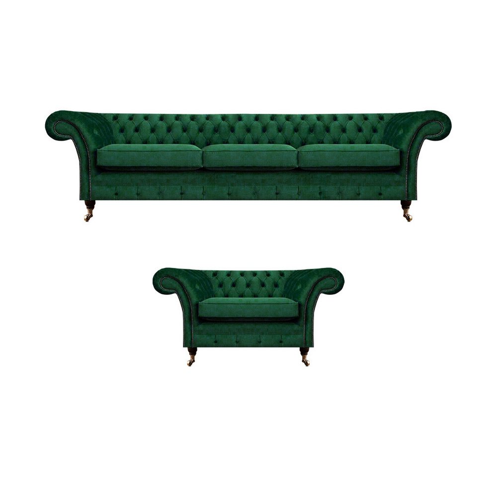 JVmoebel Wohnzimmer-Set Polstermöbel Grün Sofa Dreisitze Couch Sessel Chesterfield 3+1, (2-St., 1x 3-Sitzer Sofa + 1x Sessel), Made in Europa von JVmoebel