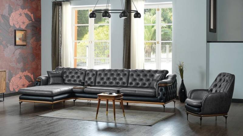 JVmoebel Wohnzimmer-Set Schwarz Wohnzimmer Set Ecksofa L-Form Sessel Modern Chesterfield, (2-St., 1x Ecksofa L-Form + 1x Sessel), Made in Europa von JVmoebel