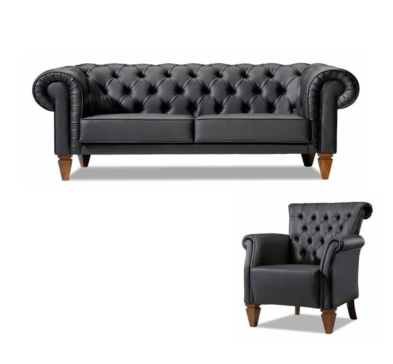 JVmoebel Chesterfield-Sofa Schwarze Chesterfield Sitzgarnitur Ledersofa Moderner Einsitzer 2tlg, 2 Teile, Made in Europa von JVmoebel