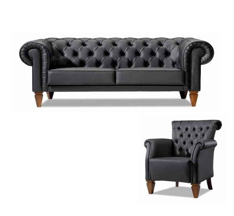 JVmoebel Chesterfield-Sofa Schwarze Chesterfield Sitzgarnitur Ledersofa Moderner Einsitzer 2tlg, 2 Teile, Made in Europa von JVmoebel