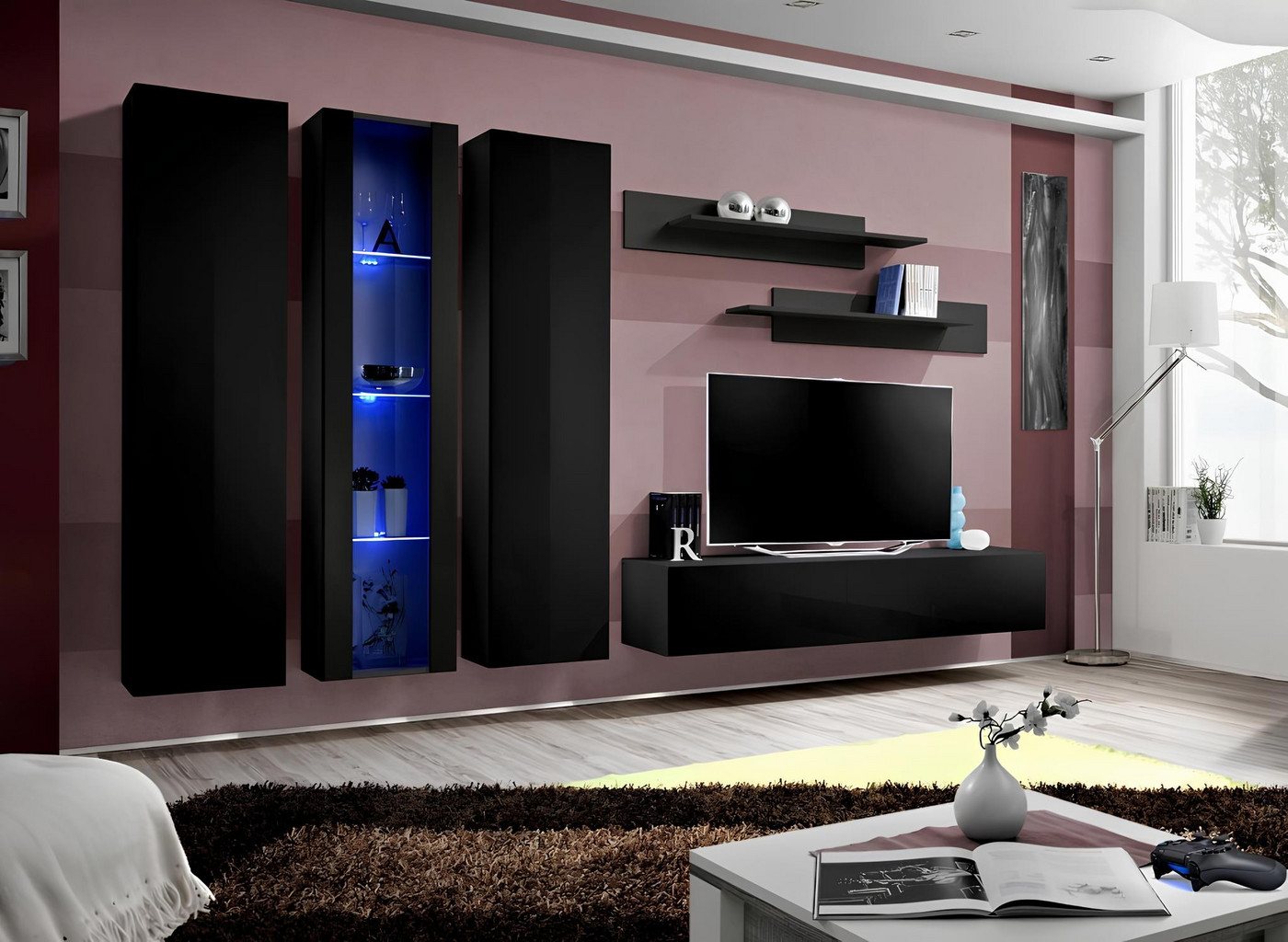 JVmoebel Wohnwand Schwarze Wohnwand aus Holz mit Wandschrank und TV-Ständer, (7-St., 1x Wohnwand+1x TV Ständer+1x Hänge Vitrine+2x Wandschrank+2x Wandregal), Made in Europa von JVmoebel