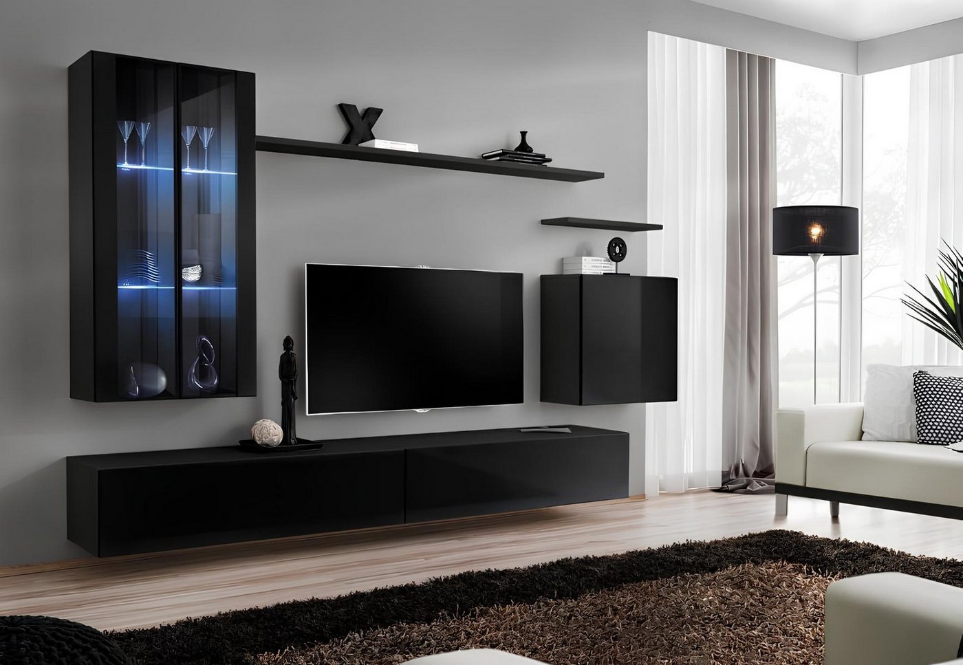 JVmoebel Wohnwand Schwarze Wohnwand mit Sideboard und Wandschrank fürs Wohnzimmer, (8-St., 1x Wohnwand + 2x TV Ständer + 3x Wandschrank + 2x Wandregal), Made in Europa von JVmoebel