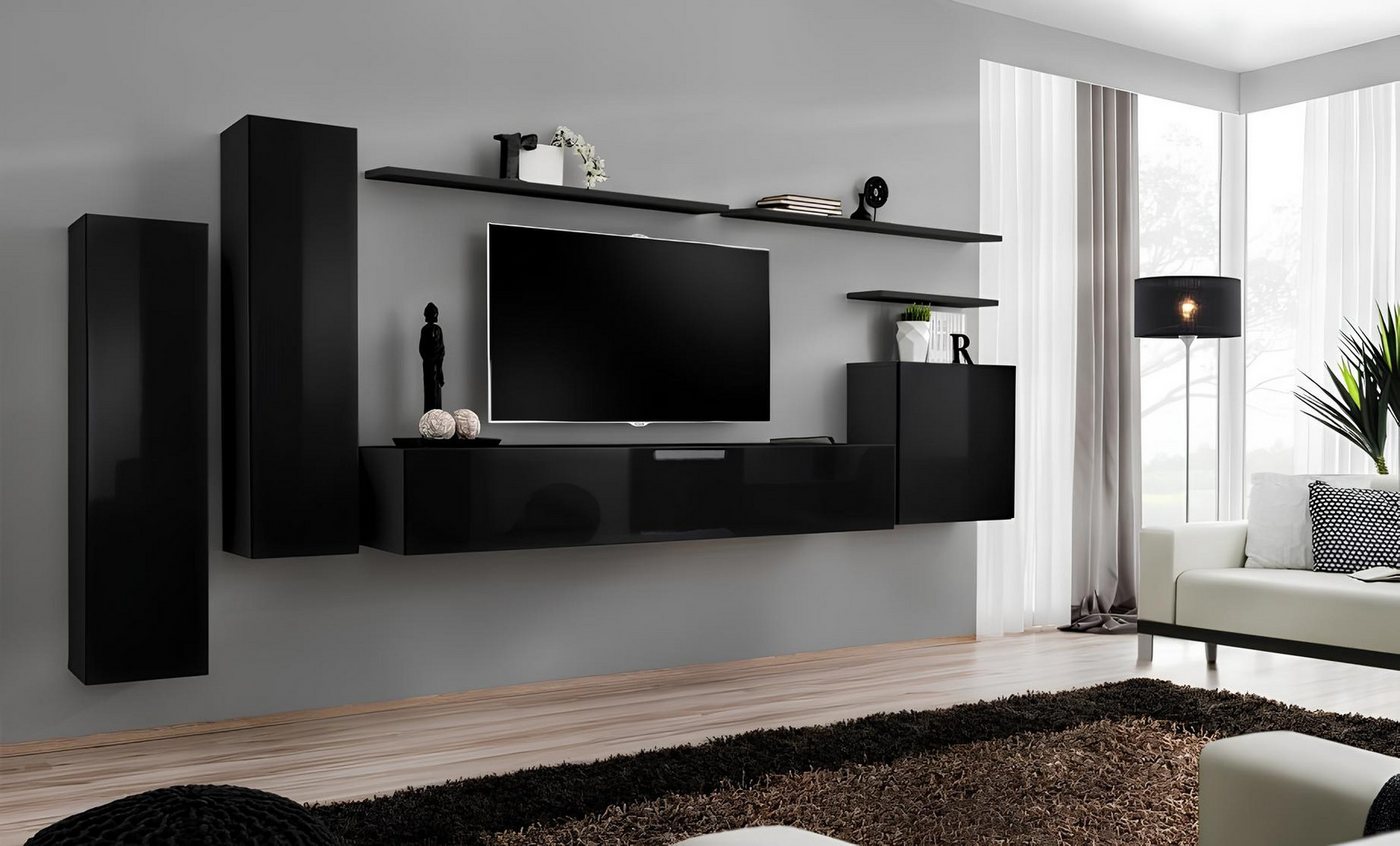 JVmoebel Wohnwand Schwarze Wohnwand mit TV-Ständer, 7-teiliges Set fürs Wohnzimmer, (8-St., 1x Wohnwand + 1x TV Ständer + 3x Wandschrank + 3x Wandregal), Made in Europa von JVmoebel