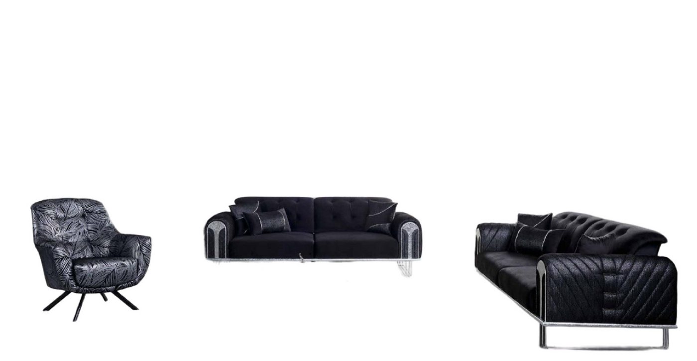JVmoebel Wohnzimmer-Set Schwarze Wohnzimmer Sofagarnitur 2x Dreisitzer Designer Sessel, (3-St., 2x 3 Sitzer + Sessel), Made in Europa von JVmoebel