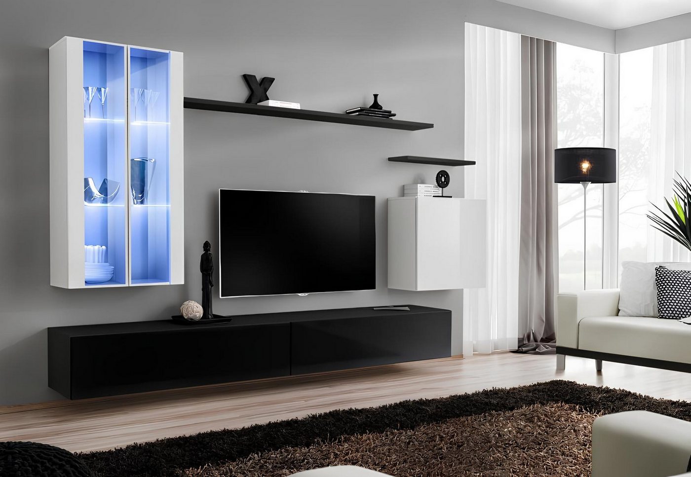 JVmoebel Wohnzimmer-Set Schwarzer TV-Ständer im modernen Designer-Stil mit Wandregal, (8-St., 1x Wohnwand + 2x TV Ständer + 3x Wandschrank + 2x Wandregal), Made in Europa von JVmoebel
