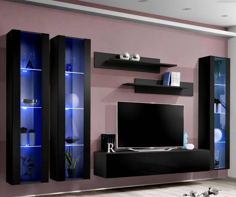 JVmoebel Wohnzimmer-Set Schwarzes Vitrinen Set für modernes Wohnzimmer, 7-teilig, (7-St., 1x Wohnwand + 1x TV Ständer + 3x Hänge Vitrine + 2x Wandregale), Made in Europa von JVmoebel