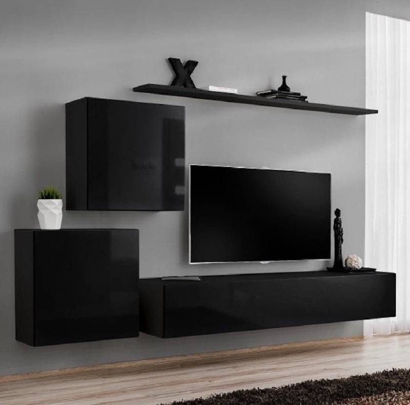 JVmoebel Wohnwand Schwarzes Wohnwand Set für das Wohnzimmer mit Sideboard & Regalen, (5-St., 1x Wohnwand + 1x TV Ständer + 2x Wandschrank + 1x Wandregal), Made in Europa von JVmoebel