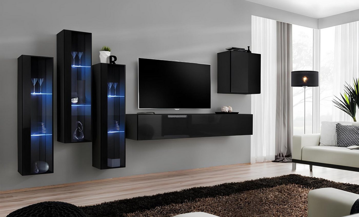 JVmoebel Wohnzimmer-Set Schwarzes Wohnzimmermöbel Set mit Vitrine und Wandregal 5-teilig, (6-St., 1x Wohnwand + 1x TV Ständer + 4x Wandschrank), Made in Europa von JVmoebel