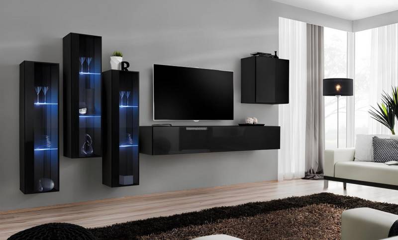 JVmoebel Wohnzimmer-Set Schwarzes Wohnzimmermöbel Set mit Vitrine und Wandregal 5-teilig, (6-St., 1x Wohnwand + 1x TV Ständer + 4x Wandschrank), Made in Europa von JVmoebel