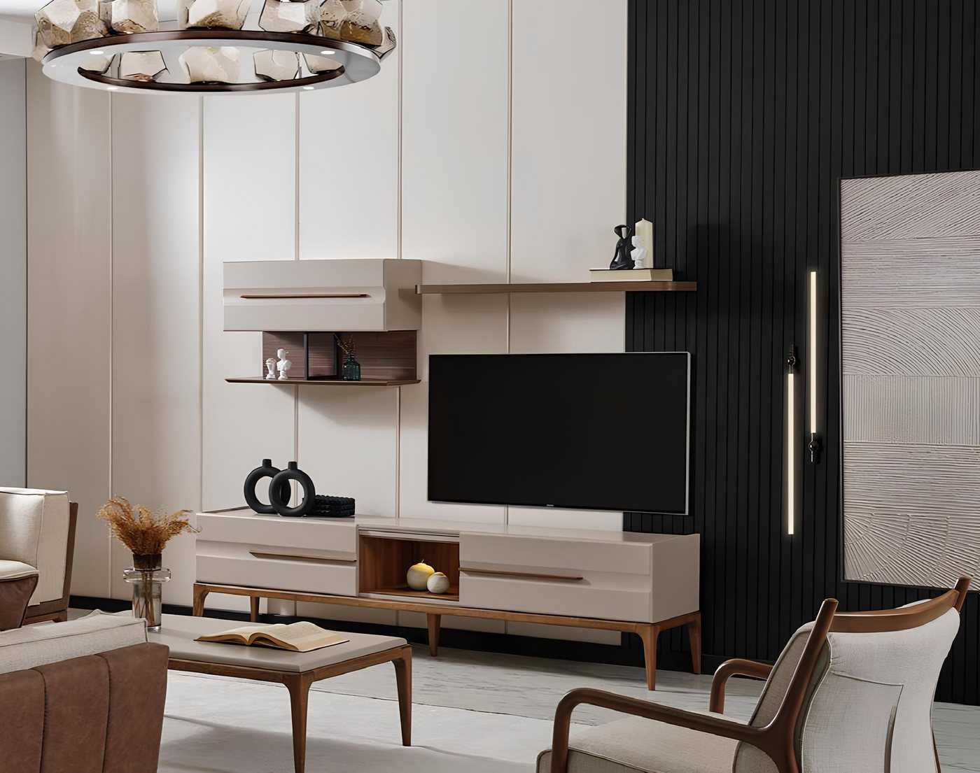 JVmoebel Wohnzimmer-Set Set 3tgl Sideboard tv Lowboard rtv Schrank Tisch Wohnzimmerschrank, (Wohnzimmer SET 3TLG. (TV Lowboard + Wandschrank + Regal), Made in Europa von JVmoebel