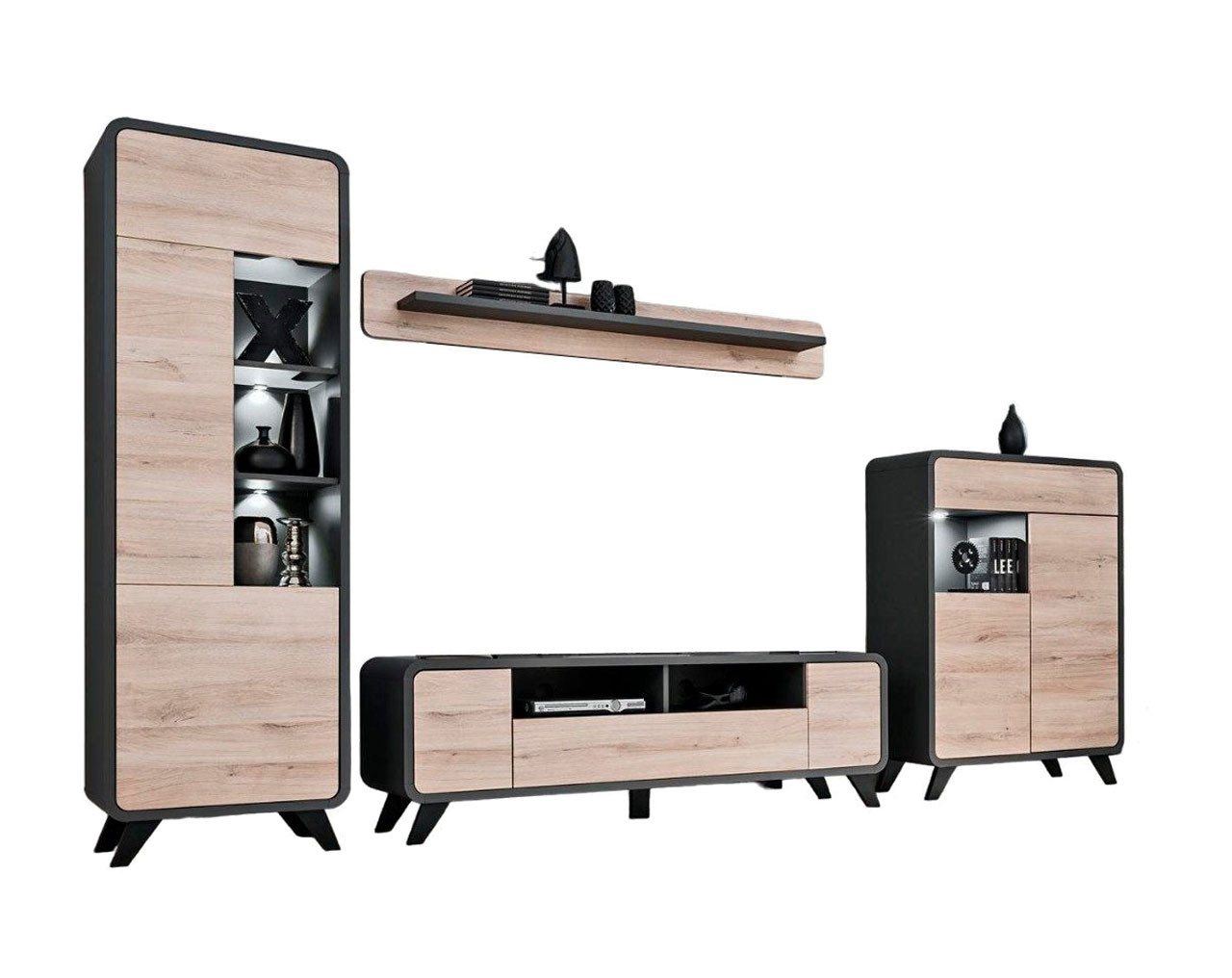 JVmoebel Wohnzimmer-Set Set Wandregal TV-Ständer Holzmöbel 2x Vitrine Wohnwand Neu, (4-St., TV-Ständer/Regal/2x Vitrine), Made in Europa von JVmoebel