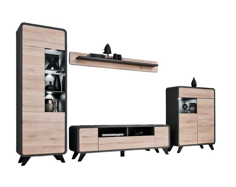 JVmoebel Wohnzimmer-Set Set Wandregal TV-Ständer Holzmöbel 2x Vitrine Wohnwand Neu, (4-St., TV-Ständer/Regal/2x Vitrine), Made in Europa von JVmoebel