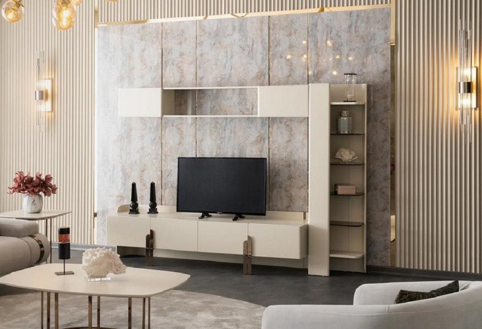 JVmoebel Wohnwand Sideboard Wandregal Bücherregal Wandschrank Wohnwand Beige Wohnzimmer, (3-St., Sideboard + Wandregal + Bücherregal), Made in Europa von JVmoebel