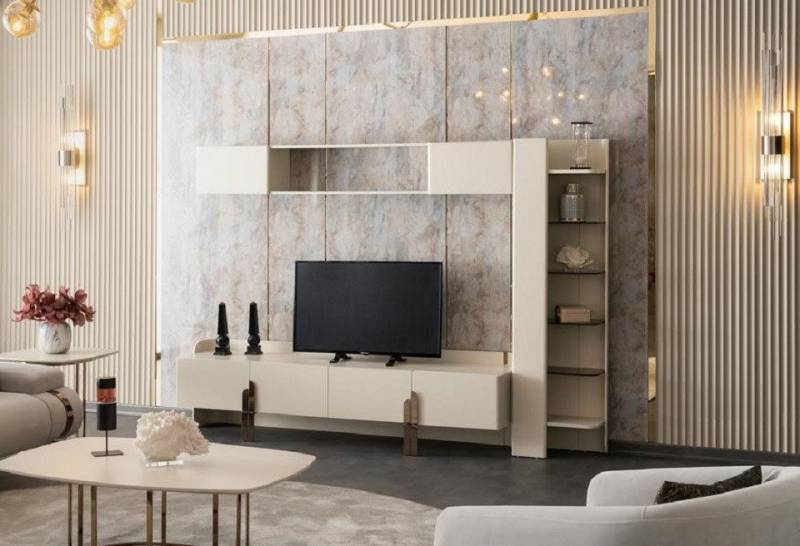 JVmoebel Wohnwand Sideboard Wandregal Bücherregal Wandschrank Wohnwand Beige Wohnzimmer, (3-St., Sideboard + Wandregal + Bücherregal), Made in Europa von JVmoebel