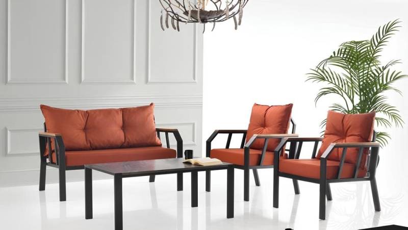 JVmoebel Gartenlounge-Set Sitzgruppe Gartenmöbel Orange Couchtisch Set 4tlg Sofa, 2x Sessel, (4-tlg., Set 4tlg (Sofa + 2x Sessel + Couchtisch), Made in Europa von JVmoebel