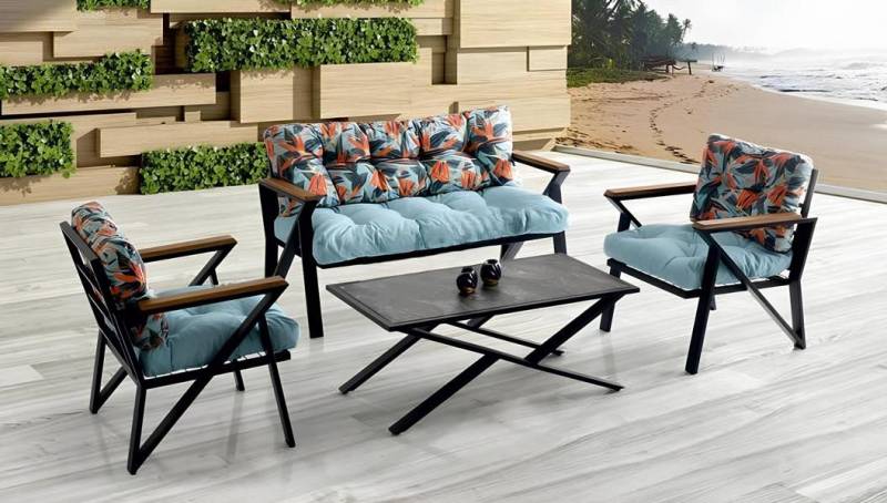 JVmoebel Gartenlounge-Set Sitzgruppe Sitzgruppe Sitzer Blau Couchtisch Set 3tlg Sofa Gartenmöbel, (3-tlg., Set 3tlg (Sofa + 2x Sessel), Made in Europa von JVmoebel