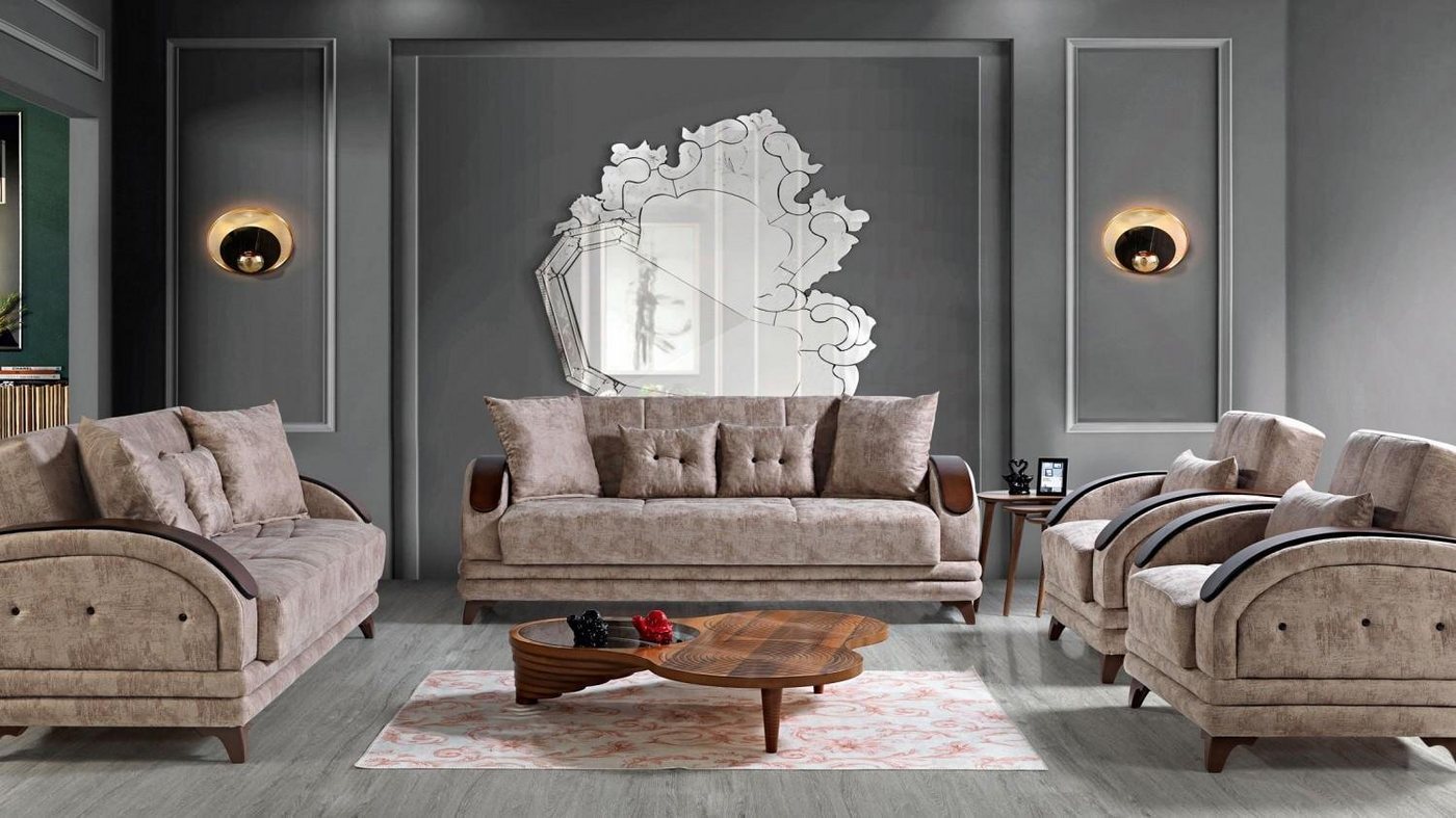 JVmoebel Wohnzimmer-Set Sofagarnitur 3+2+1+1 Holz Wohnzimmer Luxus Sofa Modern Stoff Komplett, (3 Sitzer / 2 Sitzer / 2x Sessel), Made In Europe von JVmoebel