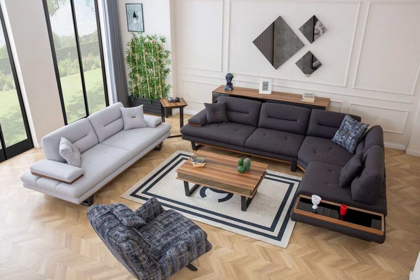 JVmoebel Wohnzimmer-Set Stilvoll Set Wohnzimmer Moderner Sofagarnitur Eckgarnitur 3tlg Couchen, (3-St., 1x L-Form + 1x 3-Sitzer + 1x Sessel ohne Couchtisch), Made in Europa von JVmoebel