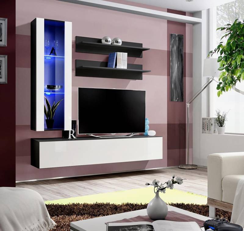 JVmoebel Wohnzimmer-Set Stilvolle Wohnzimmermöbel: TV-Wandregal und Hängeschrank Holz, (5-St., 1x Wohnwand + 1x TV Ständer + 1x Hänge Vitrine + 2x Wandregale), Made in Europa von JVmoebel
