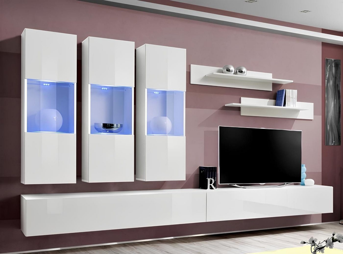 JVmoebel Wohnwand Stylische Hängeregale Wohnwand aus Holz in Weiß для Wohnzimmer, (8-St., 1x Wohnwand + 2x TV Ständer + 3x Hänge Vitrine + 2x Wandregale), Made in Europa von JVmoebel