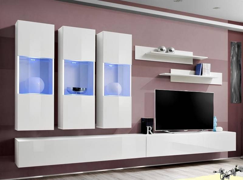 JVmoebel Wohnwand Stylische Hängeregale Wohnwand aus Holz in Weiß для Wohnzimmer, (8-St., 1x Wohnwand + 2x TV Ständer + 3x Hänge Vitrine + 2x Wandregale), Made in Europa von JVmoebel