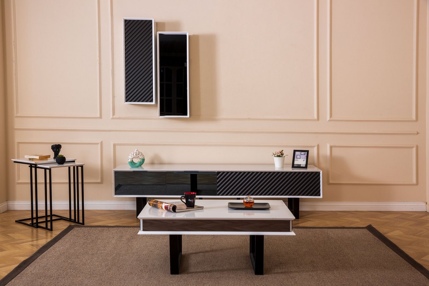 JVmoebel Wohnzimmer-Set Stylischer TV-Ständer aus Holz mit Wandregal - 6-teiliges Set, (6-St., 1x TV Ständer + 2x Wandschrank + 1x Couchtisch + 2x Beistelltisch), Made in Europa von JVmoebel
