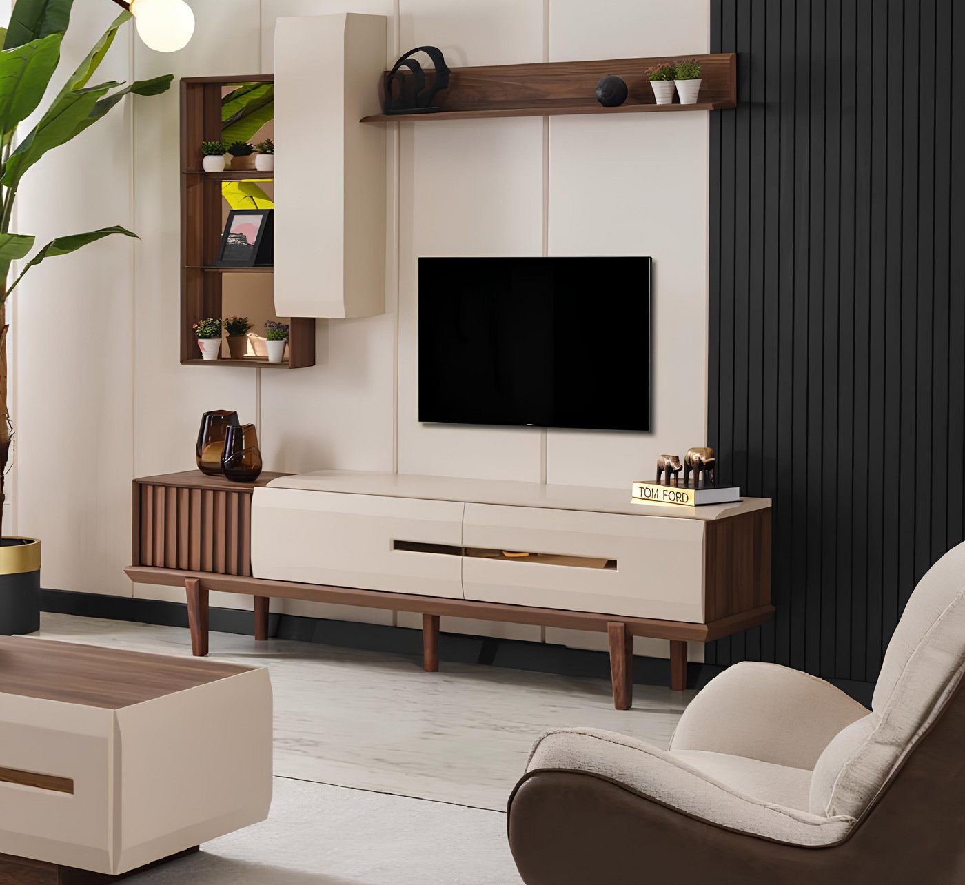 JVmoebel Wohnzimmer-Set TV Set Holz Möbel Sideboard tv Spiegelblock Wandschrank Tisch, (Wohnzimmer SET 4TLG. (TV LOWBOARD + 2x Wandschrank + Regal), Made in Europa von JVmoebel