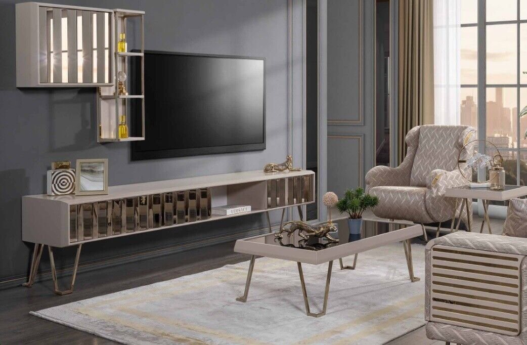 JVmoebel Wohnzimmer-Set TV Ständer RTV Wandregale Couchtisch Beige Metall Wohnzimmer Set, (4-St., Couchtisch/TV-Ständer/2x Wandregale), Made in Europa von JVmoebel