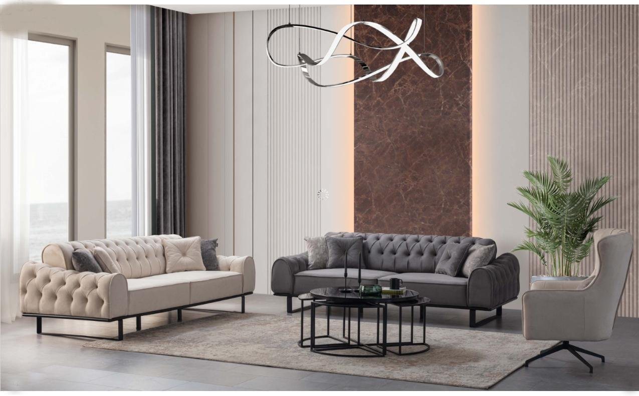 JVmoebel Wohnzimmer-Set Weiß-Graue Chesterfield Couchgarnitur Designer Polster Sessel 3tlg Set, (3-St., 2x Sofa, Sessel), Made in Europa von JVmoebel