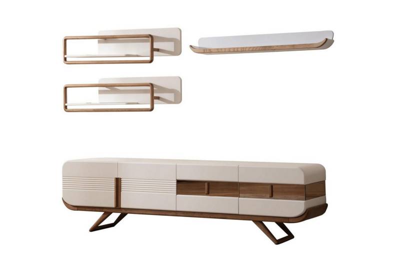 JVmoebel Wohnwand Weiße Designer Wohnwand mit Lowboard und 2 Regalen aus Holz, (4-St., 1x RTV Lowboard + 3x Regale), Made in Europa von JVmoebel