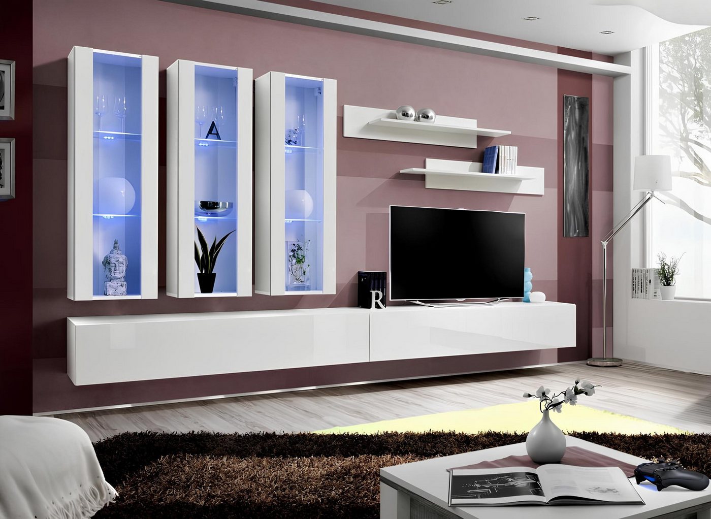 JVmoebel Wohnzimmer-Set Weißer Designer-Hänge-TV-Ständer aus Holz mit Vitrine und Sideboard, (8-St., 1x Wohnwand + 2x TV Ständer + 3x Hänge Vitrine + 2x Wandregale), Made in Europa von JVmoebel