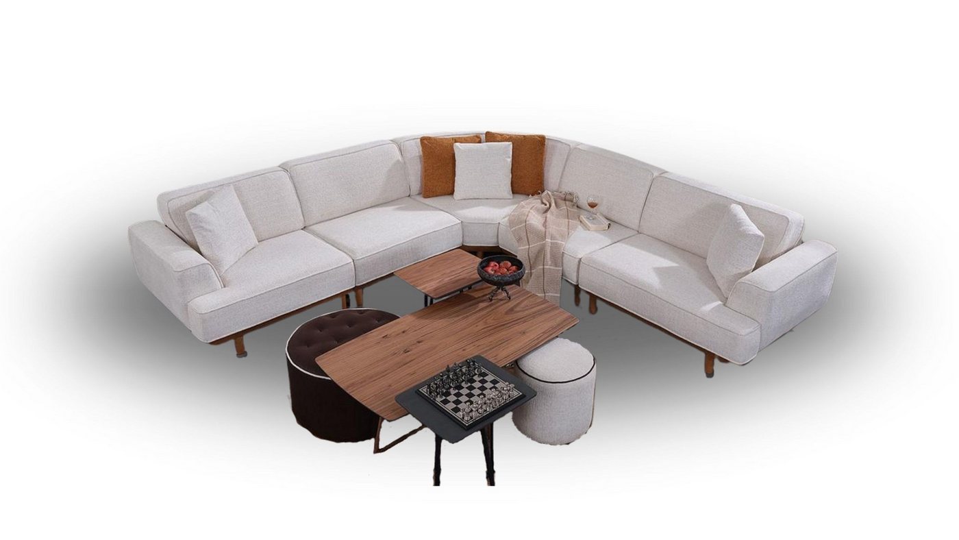 JVmoebel Wohnzimmer-Set Weißes Wohnzimmer 6tlg Designer Polster Ecksofa 2x Hocker Couchtisch, (6-St., Ecksofa/2x Hocker/couchtisch/2x Beistelltische), Made in Europa von JVmoebel