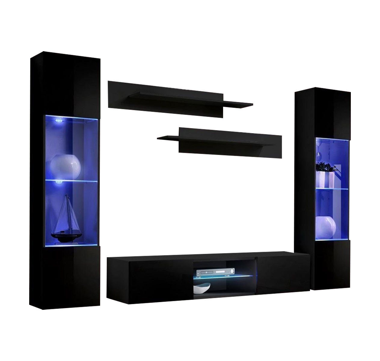 JVmoebel Wohnzimmer-Set Wohnwand Schwarz Wand Regale Komplett Designer Einrichtung, (6-St., 1x Wohnwand + 1x TV Ständer + 2x Hänge Vitrine + 2x Wandregal), Made in Europa von JVmoebel