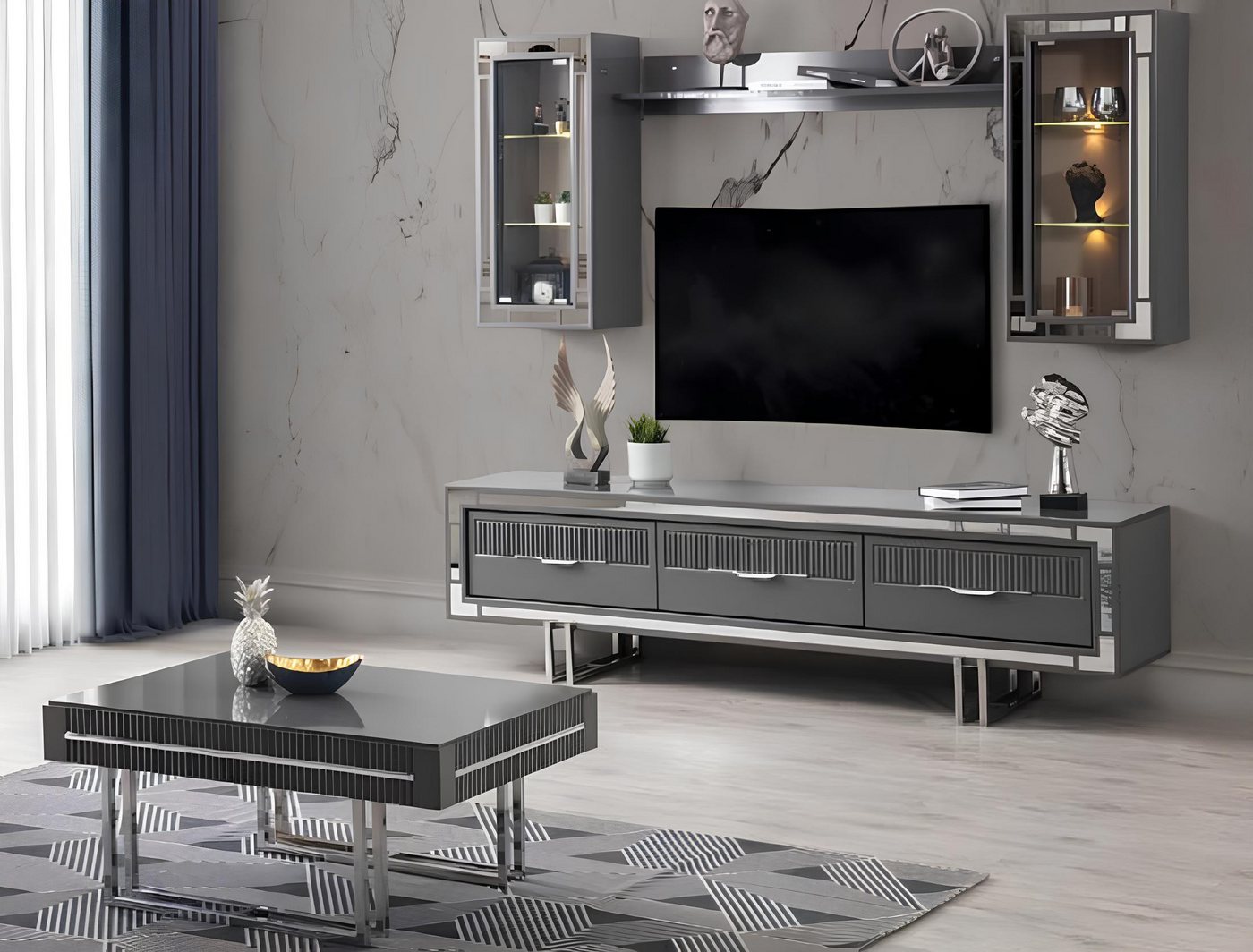 JVmoebel Wohnwand Wohnwand Set 3-teilig in Grau mit TV-Ständer und Couchtisch, (3-St., TV-Ständer + Schränke + Couchtisch), Made in Europa von JVmoebel