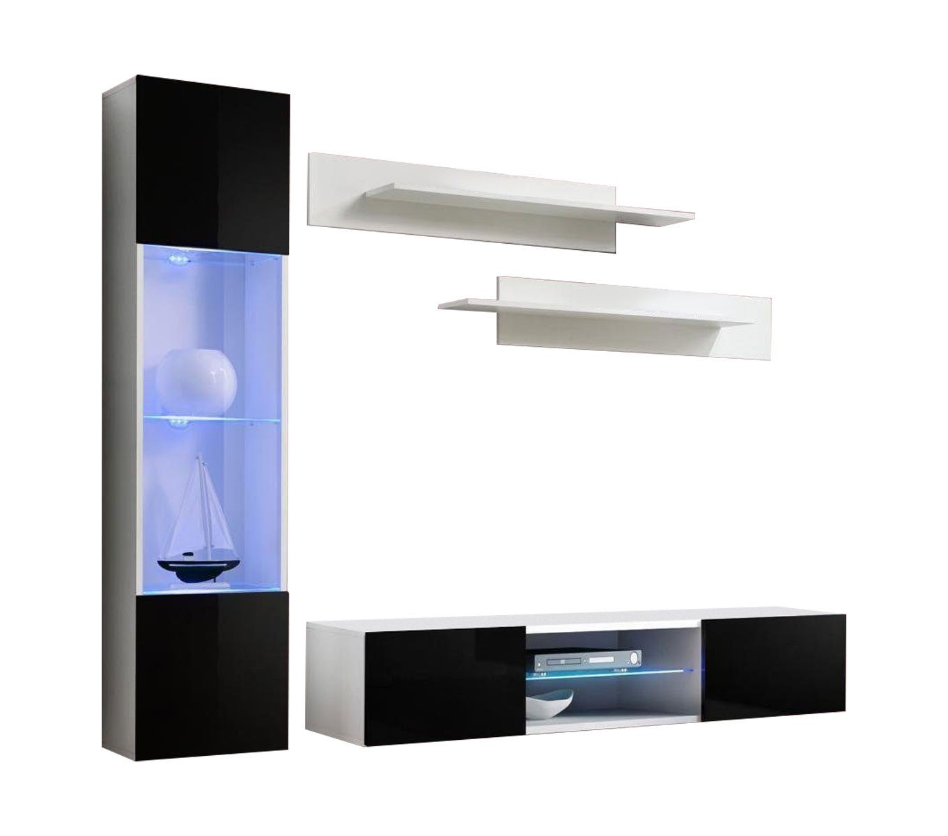 JVmoebel Wohnzimmer-Set Wohnwand Set 4tlg Designer Einrichtung Wand Regale Wohnzimmer, (5-St., 1x Wohnwand + 1x TV Ständer + 1x Hänge Vitrine + 2x Wandregal), Made in Europa von JVmoebel