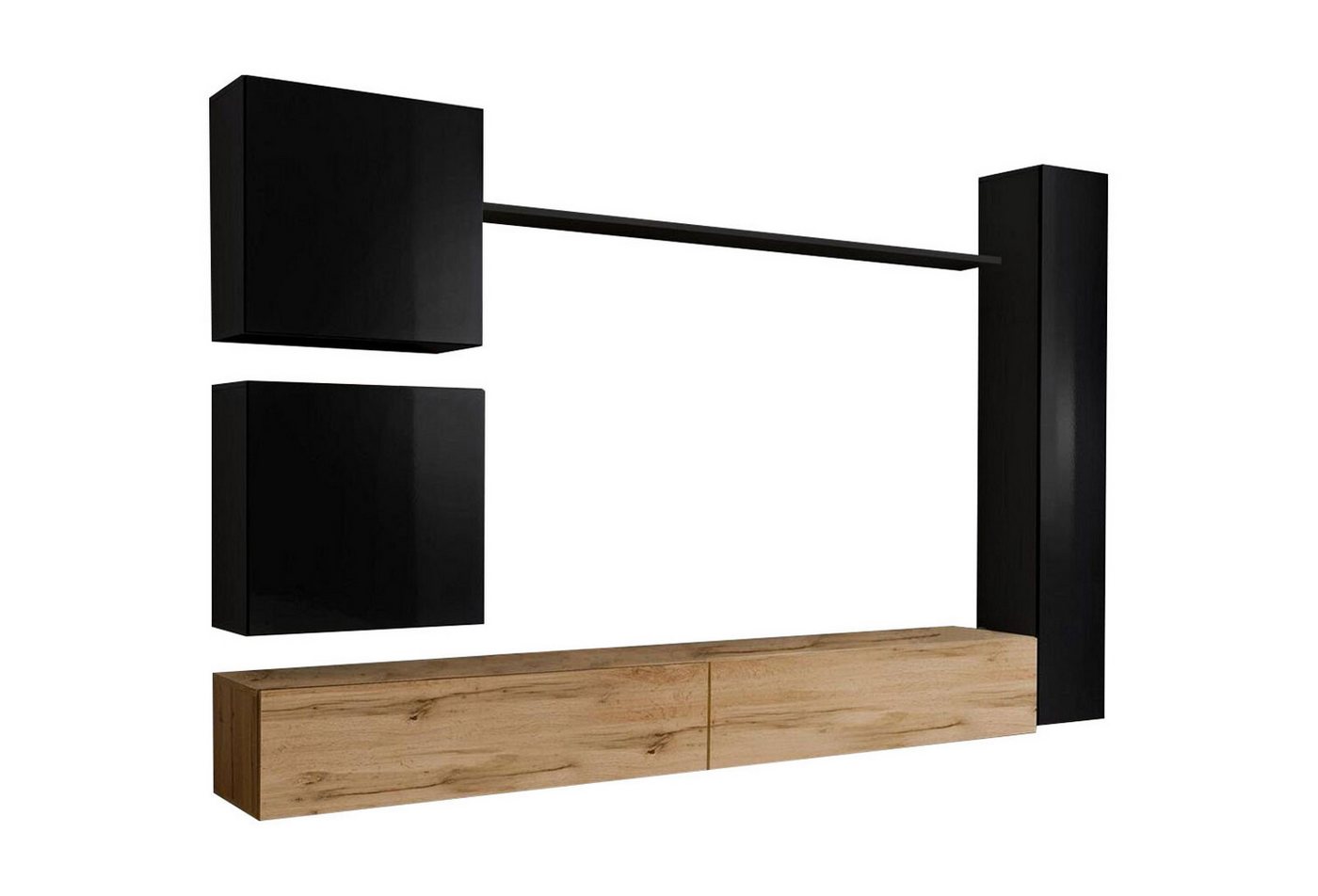 JVmoebel Wohnzimmer-Set Wohnzimmer Luxus Einrichtung Wohnwand Schwarz Wandschrank Holzmöbel, (7-St., 1x Wohnwand + 2x TV Ständer + 3x Wandschrank + 1x Wandregal), Made in Europa von JVmoebel