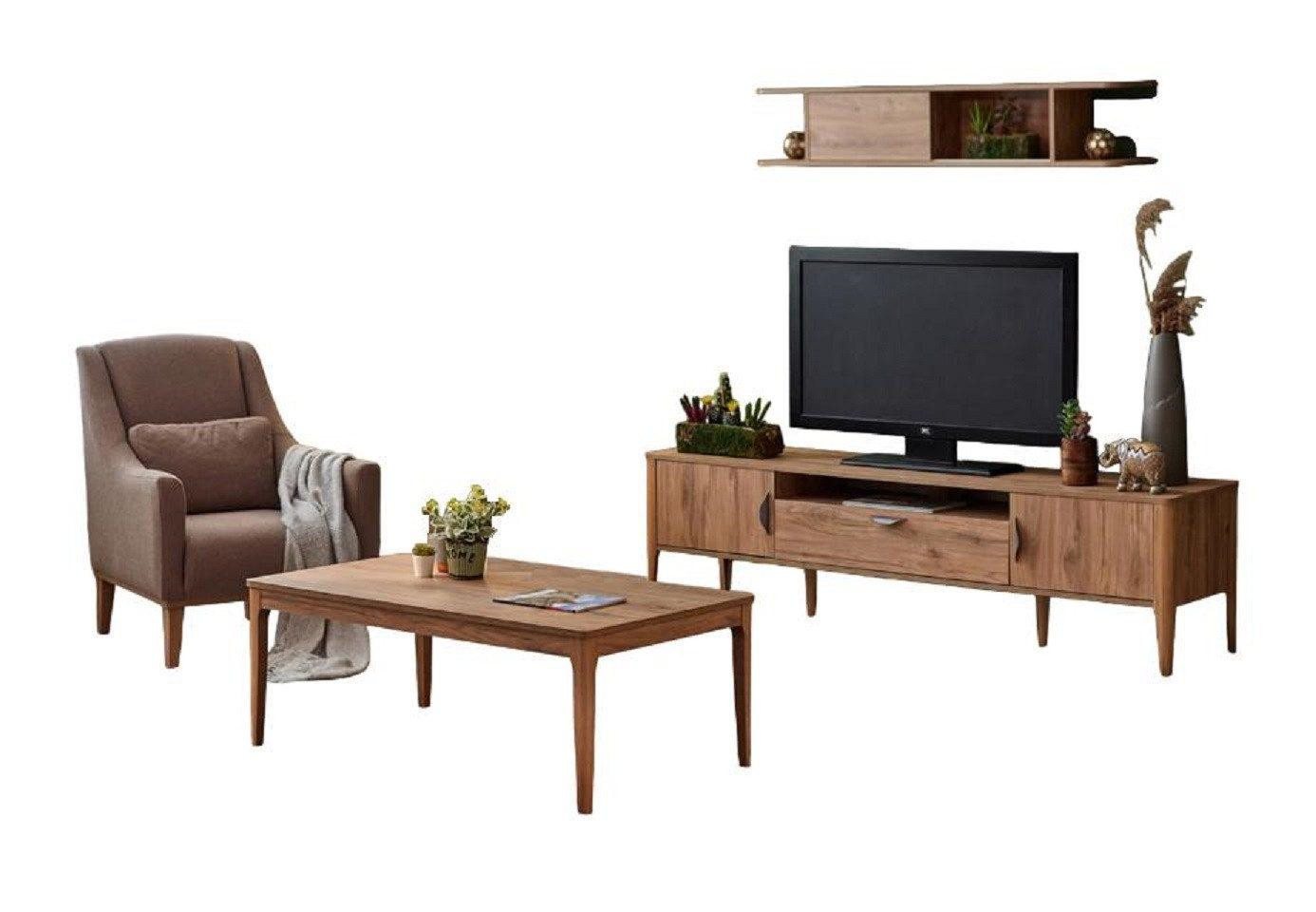 JVmoebel Wohnwand Wohnzimmer Set 4tlg Wohnwand Modern Sessel Couchtisch Luxus TV Ständer, (4-St., TV Ständer + Wandregal + Couchtisch + Sessel), Made in Europa von JVmoebel