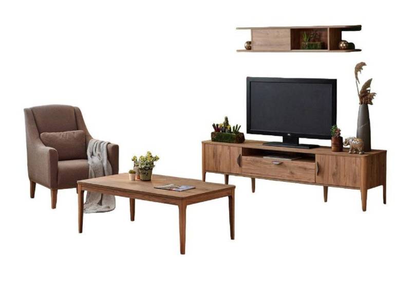 JVmoebel Wohnwand Wohnzimmer Set 4tlg Wohnwand Modern Sessel Couchtisch Luxus TV Ständer, (4-St., TV Ständer + Wandregal + Couchtisch + Sessel), Made in Europa von JVmoebel