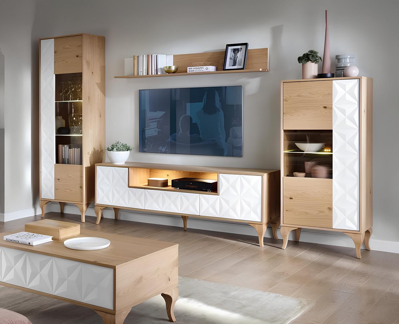 JVmoebel Wohnwand Wohnzimmer Set Modern Holzmöbel TV-Lowboard + 2x Vitrine Luxuriöses, (5-St., Sofa), Made in Europa von JVmoebel